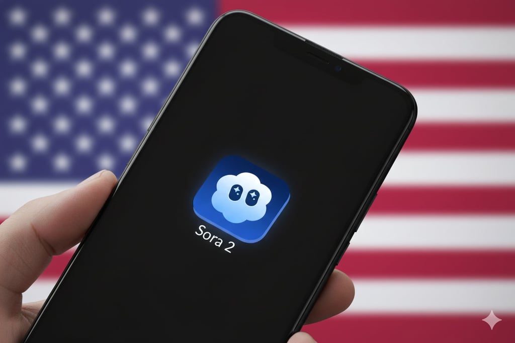Sora 2 app on smartphone with the USA flag in the background.