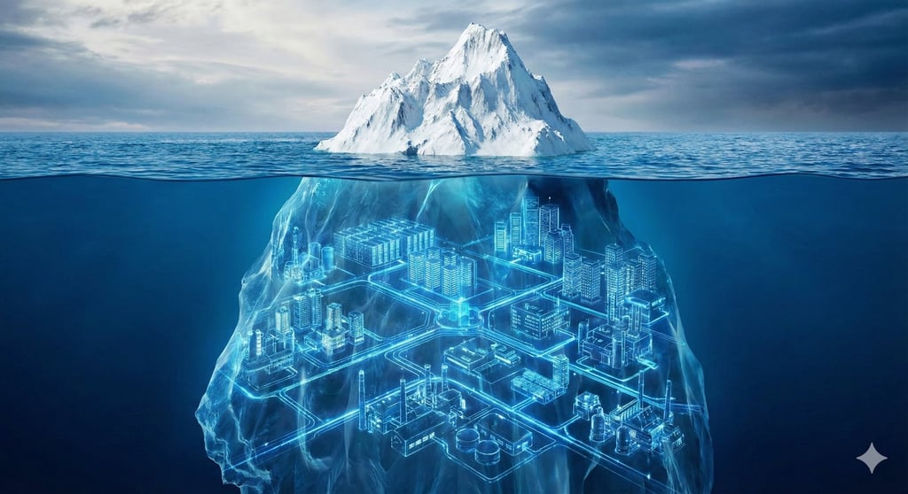 An iceberg with an interconnected buildings beneath it.
