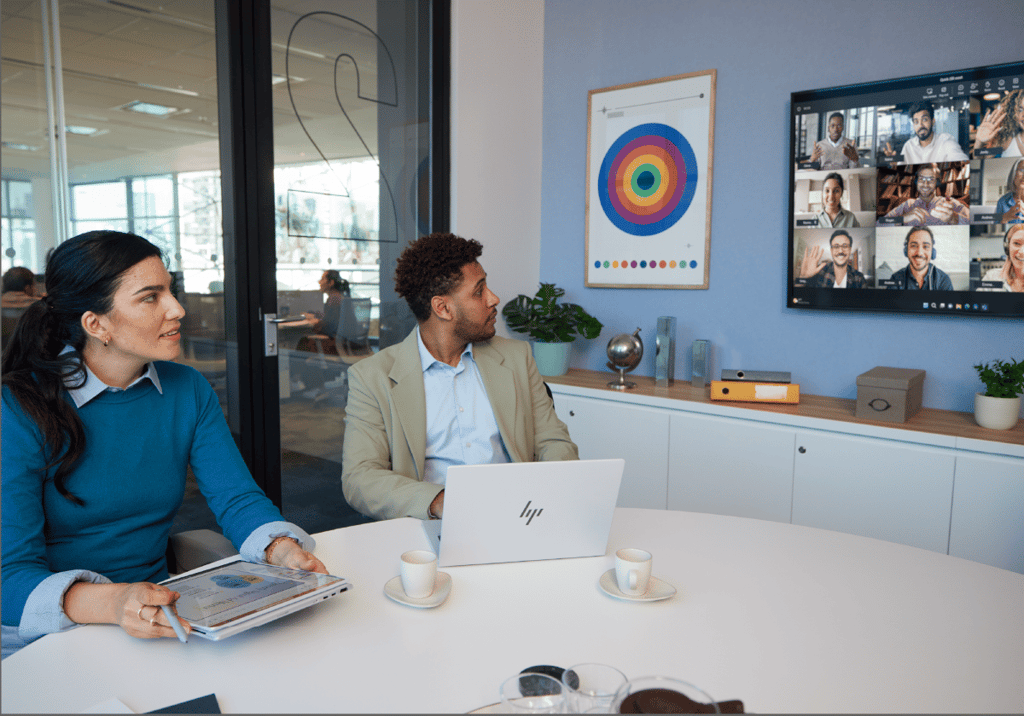 Office employees doing a virtual meeting.