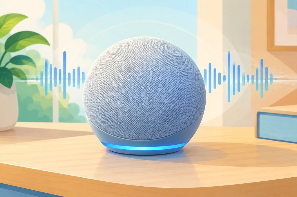 Illustrated Alexa-style smart speaker with sound waves.