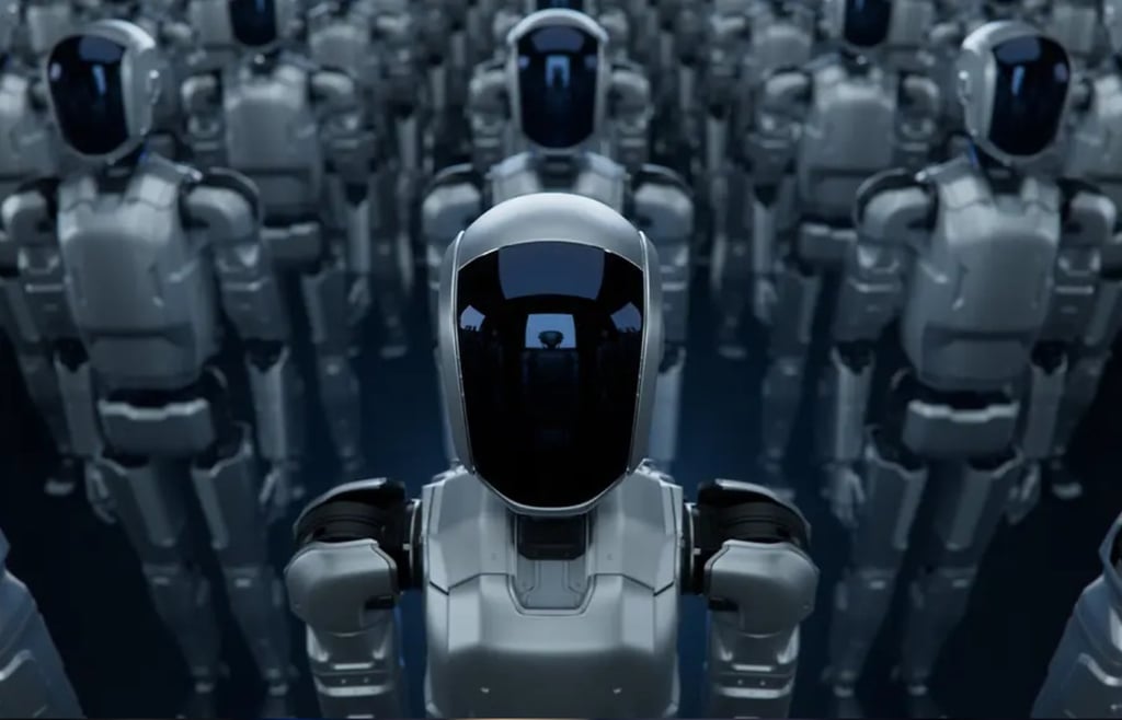 An army of sleek, silver humanoid robots with black digital face screens standing in a symmetrical formation, representing mass-produced artificial intelligence and future automation.