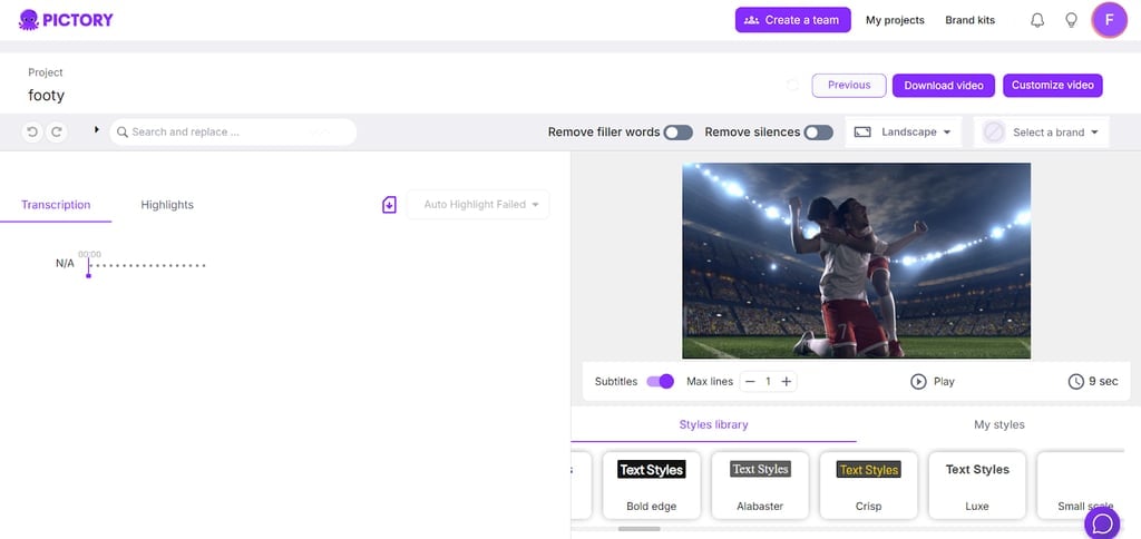 Pictory.ai's powered video creation tool automatically generates highlights from match footage, with customizable text styles and subtitle options for sharing tactical insights.