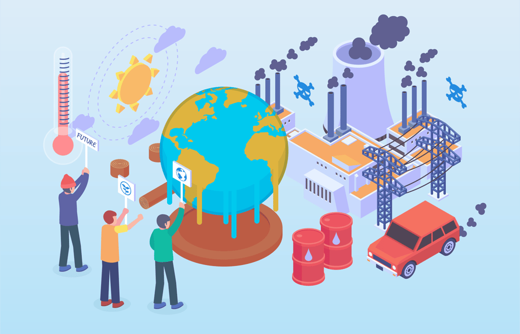 Isometric flat vector illustration of the global warming concept.