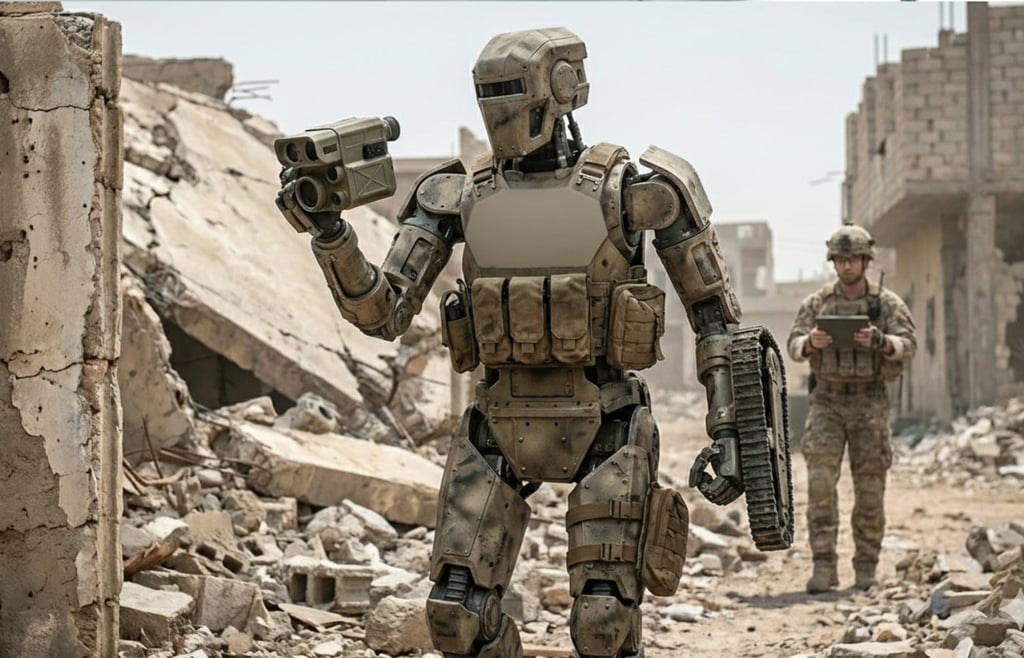 Humanoid robot with armored vest and soldier with tablet in destroyed city