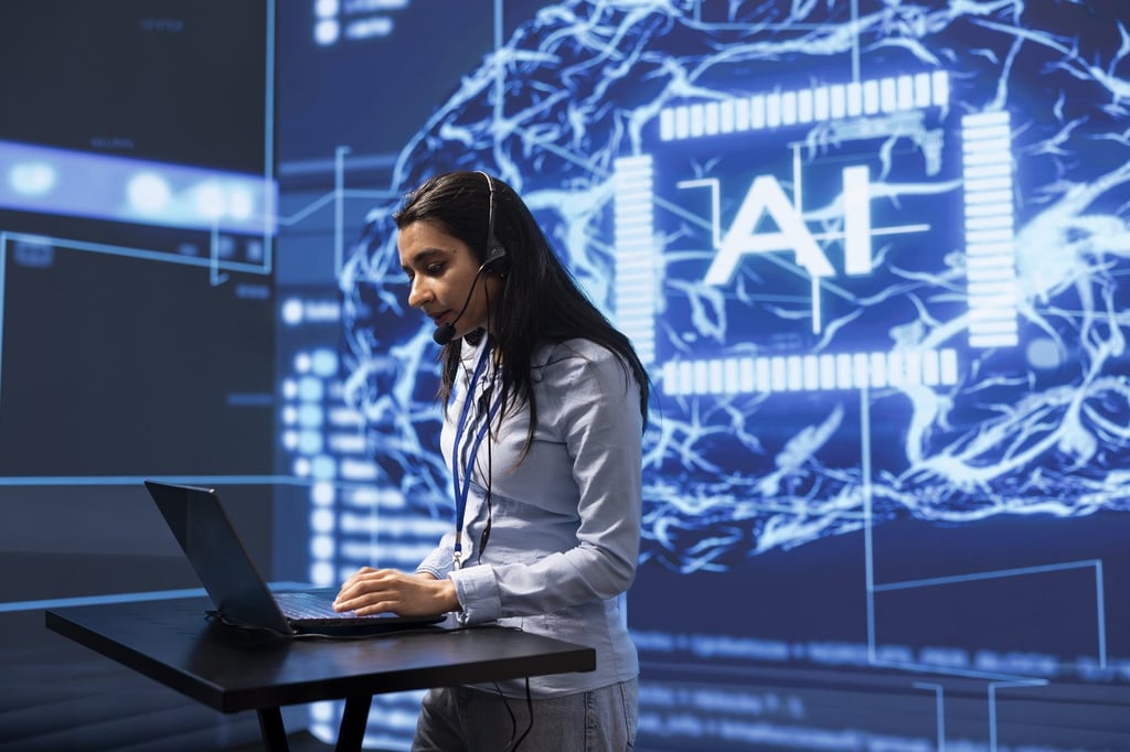 Technician in AI high tech workspace managing call center tasks