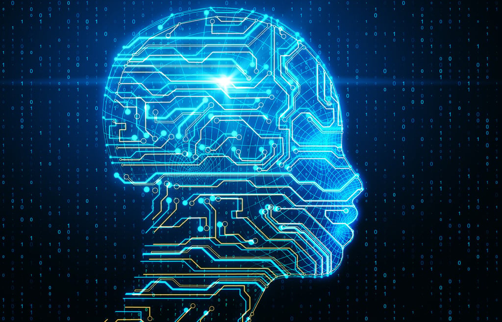 Circuit grid pattern forming a silhouette of an AI bot on a background of binary values.