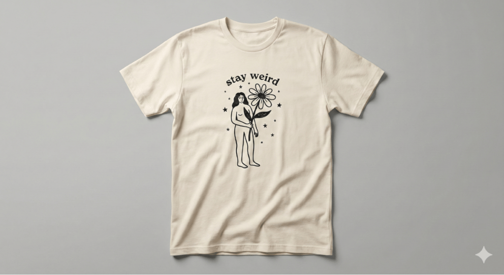 An AI-generated mockup of a t-shirt with a doodle that says stay weird.