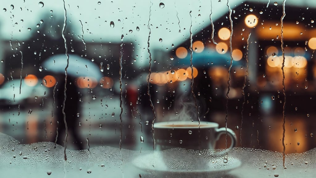 View through a rain-streaked café window, late afternoon.