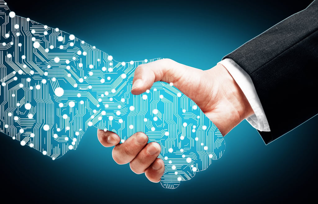 Digital handshake on blue background.