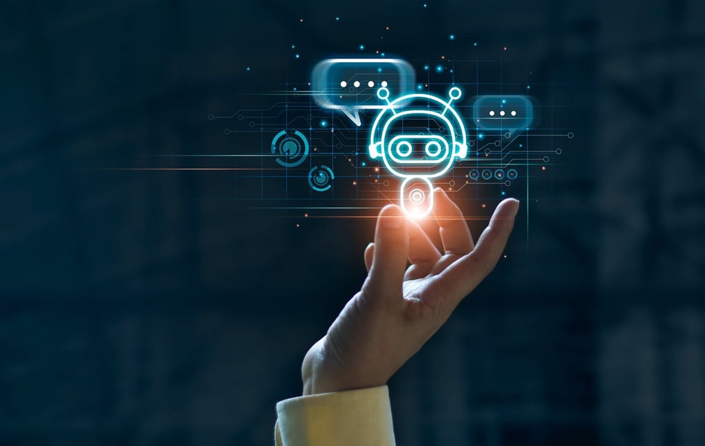 Hand touching digital chatbot.