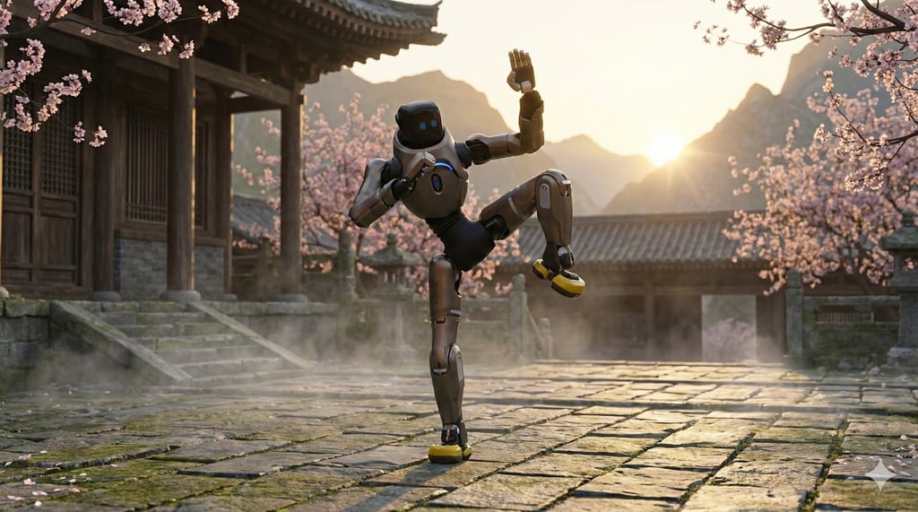 A humanoid robot doing a martial arts pose while on a dojo in Japan.