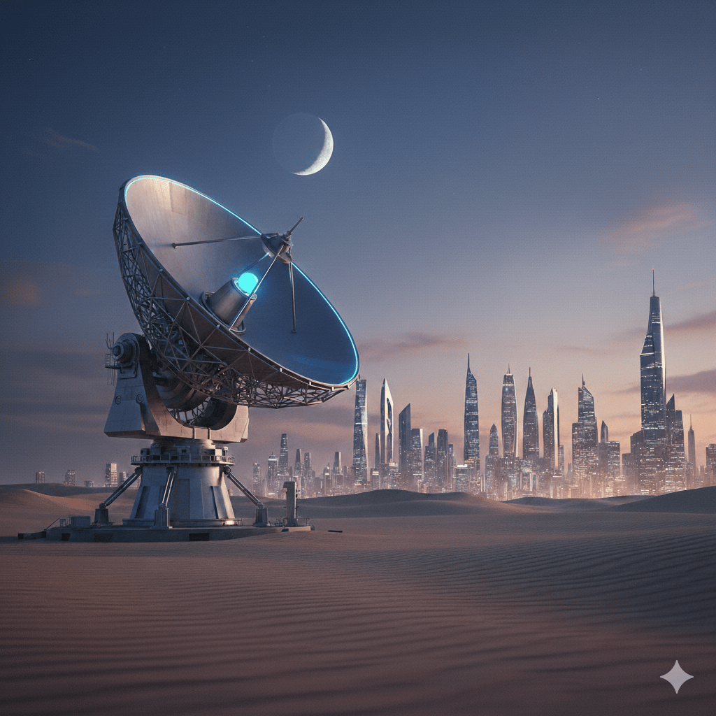 A high-tech, realistic satellite dish stands in a vast desert foreground under a twilight sky featuring a single crescent moon. In the background, a glowing, futuristic city skyline rises from the dunes, blending advanced technology with a traditional desert landscape.