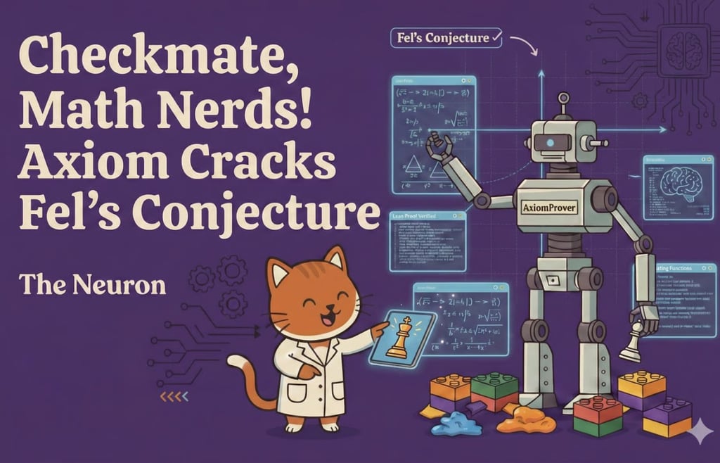 Illustration from The Neuron celebrating AxiomProver AI solving Fel's Conjecture, featuring a cat scientist and robot.