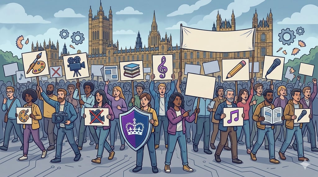 Drawing of people protesting with creative icon signs in front of Parliament.