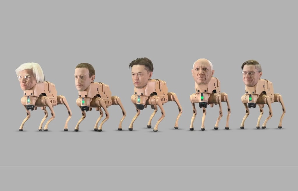 Digital art by Beeple featuring the heads of tech leaders Bill Gates, Mark Zuckerberg, Elon Musk, Jeff Bezos, and Vitalik Buterin on robotic dog bodies.