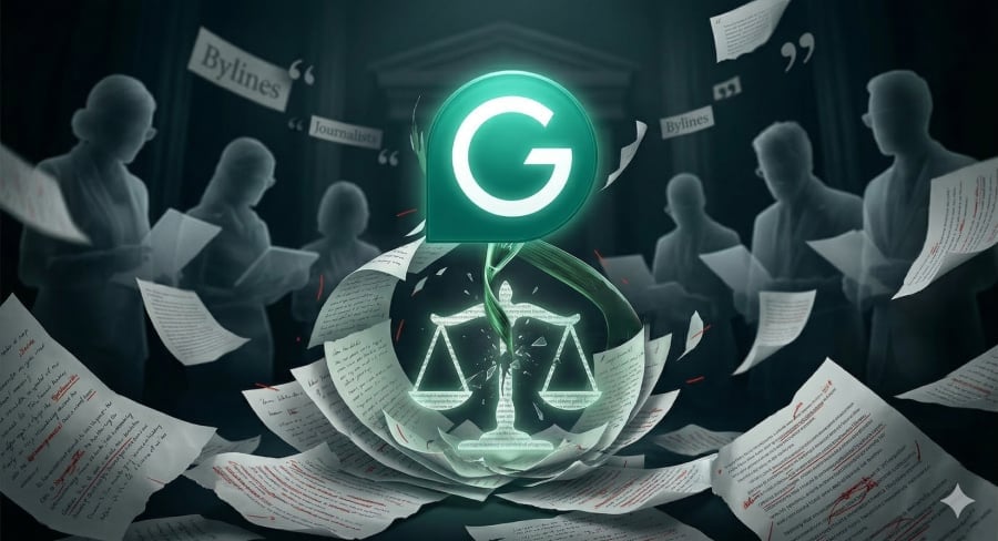 Grammarly logo placed above a weighing scale and several papers presenting a scene inside a courtroom.