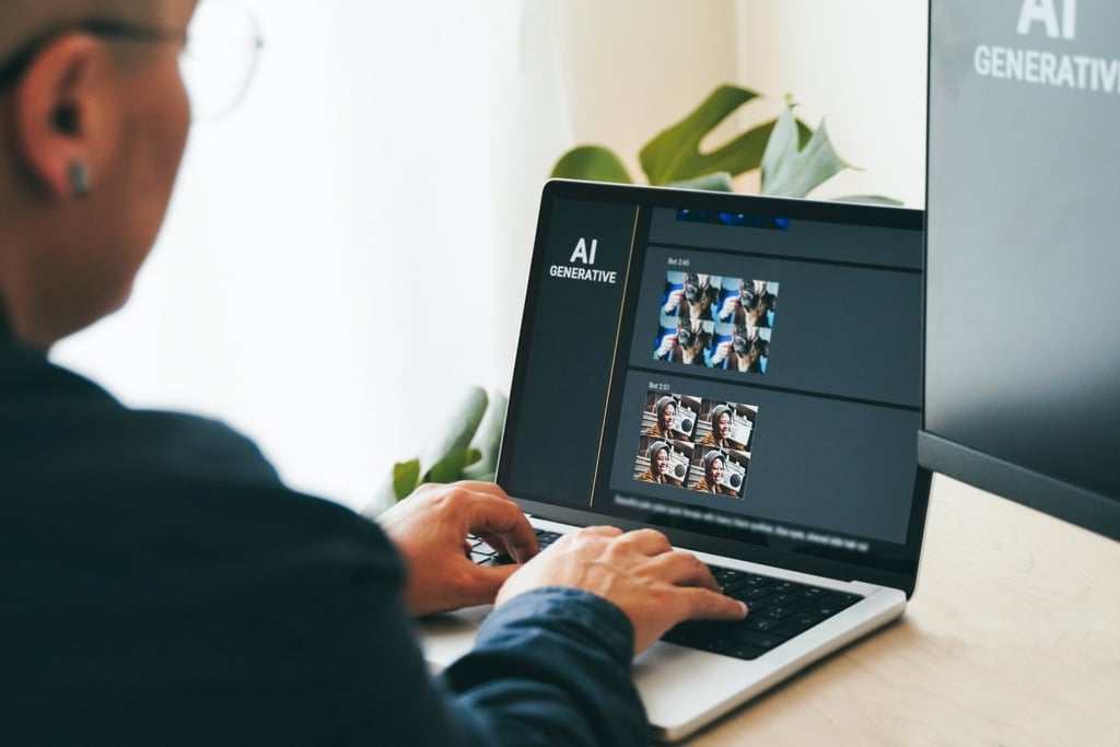 Person creating photo art with Artificial Intelligence software in computer.