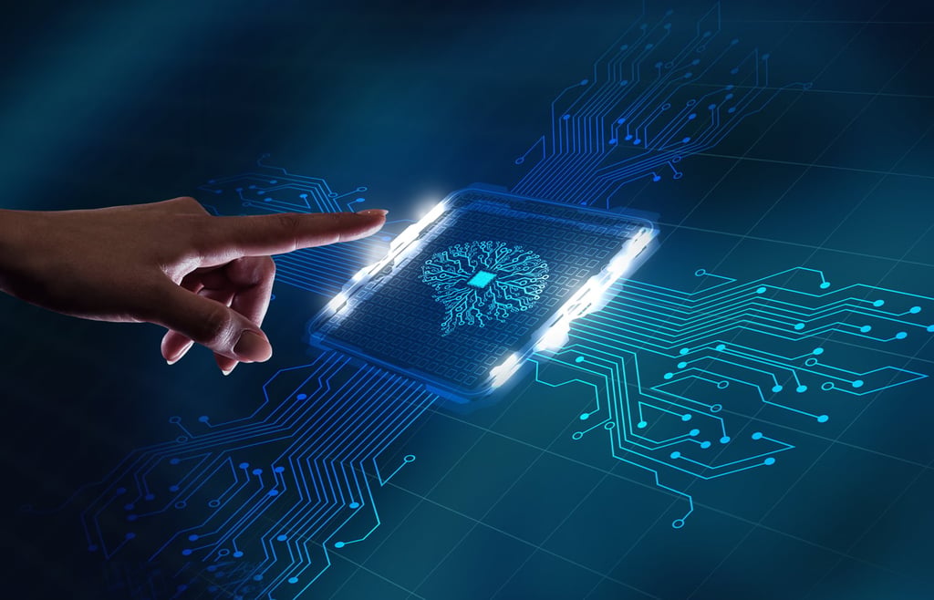 Hand interacting with a virtual chip with a digital brain logo embedded on a circuit grid.