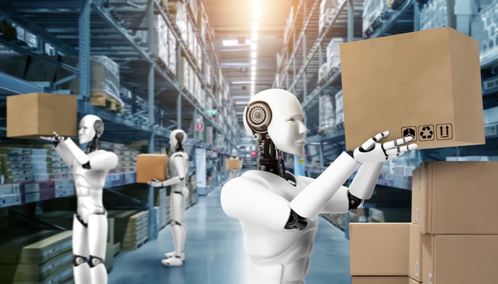 Humanoid robot workers in a warehouse setting.