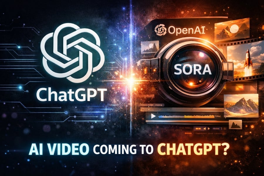 Logos of ChatGPT and Sora with the headline "AI video coming to ChatGPT?"