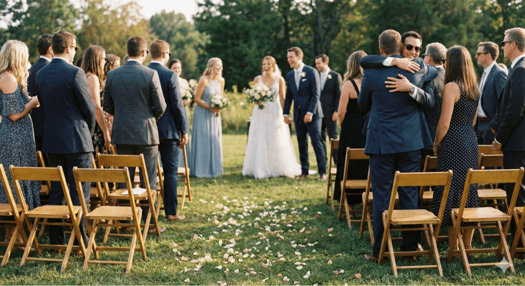 A Nano Banana-generated image of a candid, realistic photo taken just after a wedding ceremony ends.