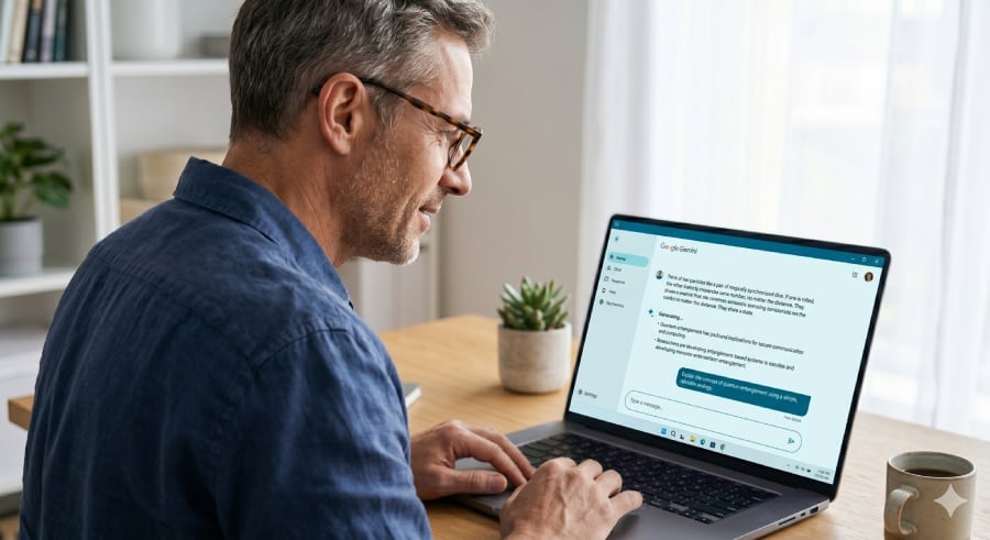 A man using an AI chatbot on his laptop.