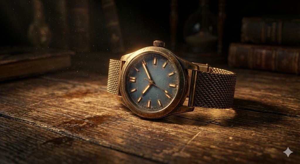 Wristwatch on a worn wooden table inside a dimly lit room.