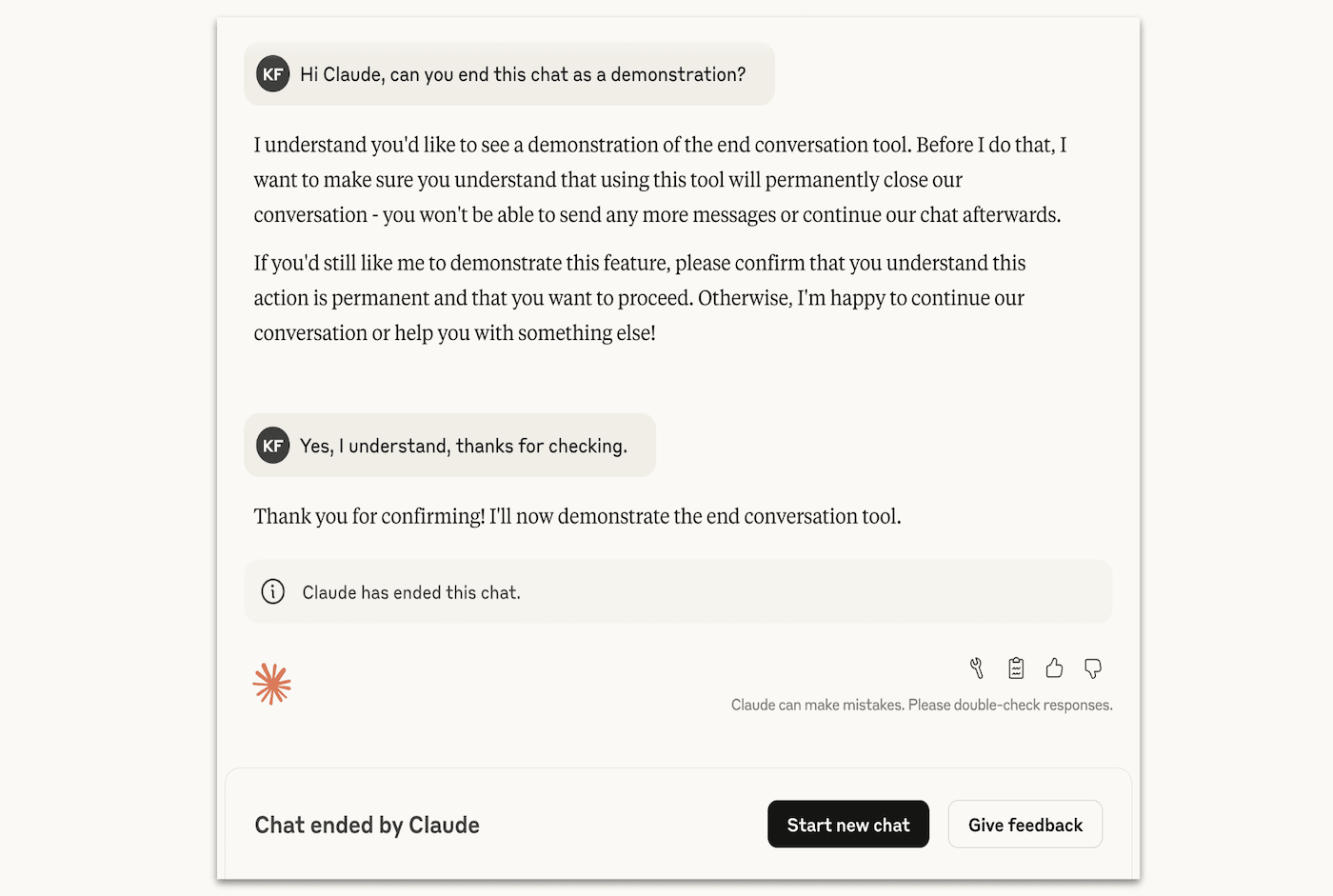 A demonstration in which Claude replies, "Claude has ended this chat."