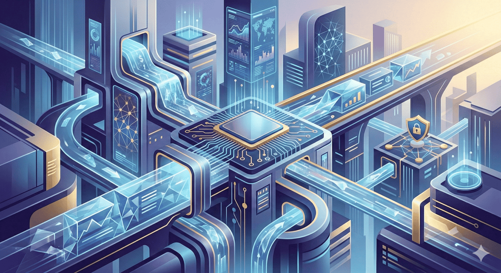 A futuristic digital illustration of an abstract, interconnected technology hub representing a central processor guiding data flows through various architectural nodes, including elements of finance, data analysis, and security, under a golden glow.