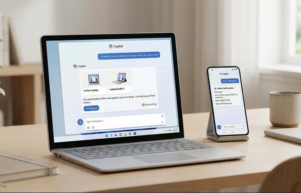 A silver Microsoft Surface Laptop and a smartphone displaying Copilot apps sit on a desk, with text on the laptop screen reading 'The Laptop Studio 2 offers more graphics power for designs can help you purchase it below'.
