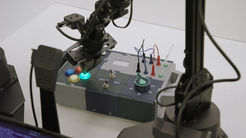Prompt: “Push the green button with the right gripper." Rho-alpha in action. Image: Microsoft