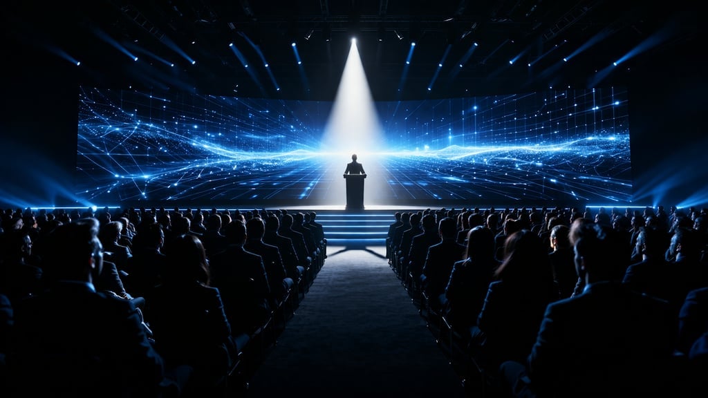 A bold promotional visual for a high-end technology summit. The composition centers on a dramatically lit main stage viewed from the audience perspective — rows of forward-facing silhouetted attendees in the foreground, a speaker's podium lit by a single powerful spotlight in the center distance.