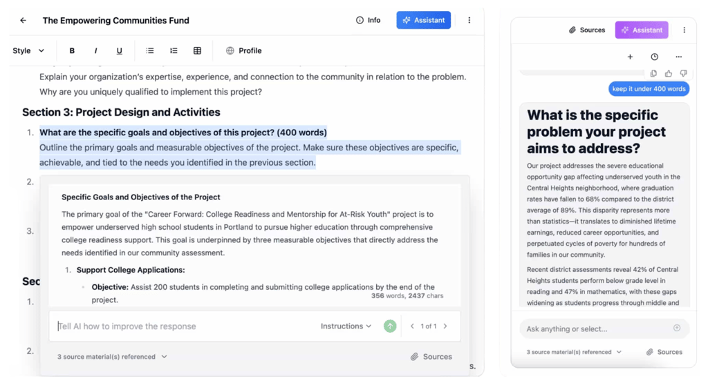 Grantable's AI Assistant helps nonprofits draft grant applications faster by generating tailored content directly within the proposal, with real-time feedback and guidance at every step.