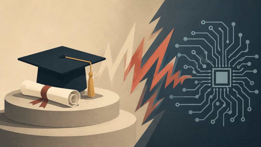 Graduation cap facing AI circuit graphic.