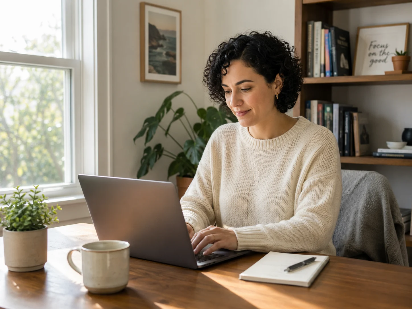A woman working on her laptop inside her home office.