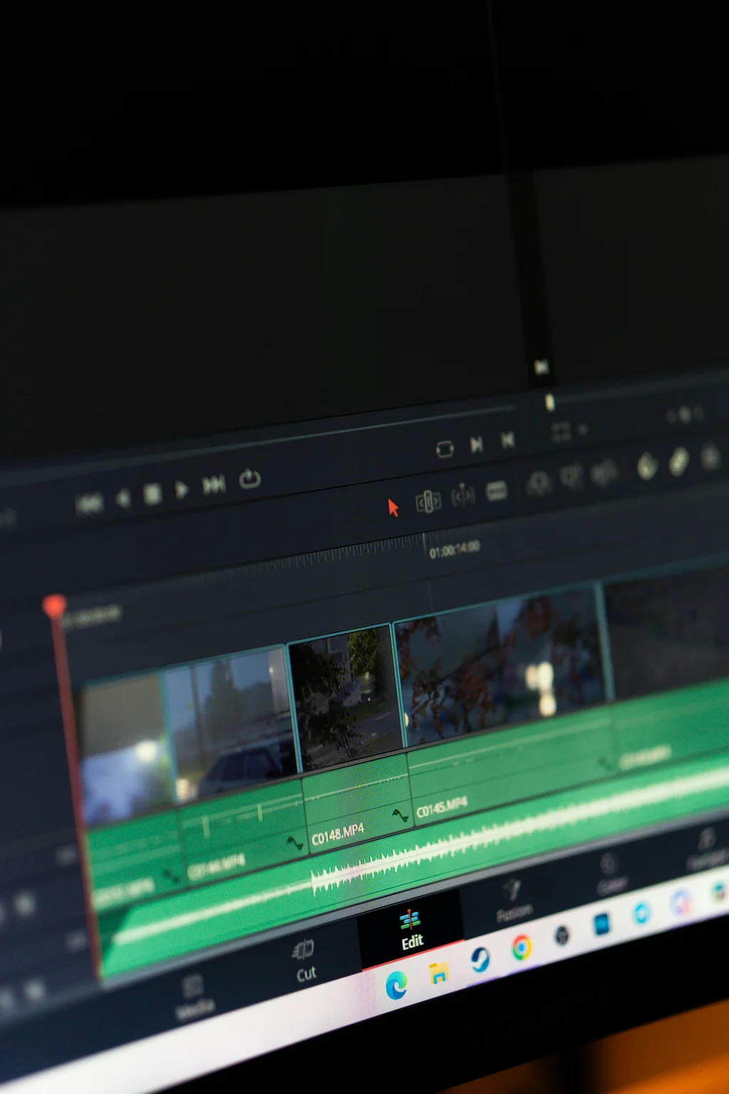 Close up of a computer screen showing video editing software.